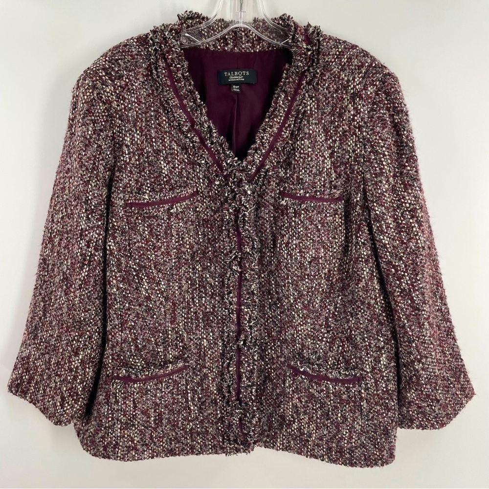 Talbots Vintage Wool Blend Snap Maroon Tweed Boucle Knit Long Sleeve Jacket